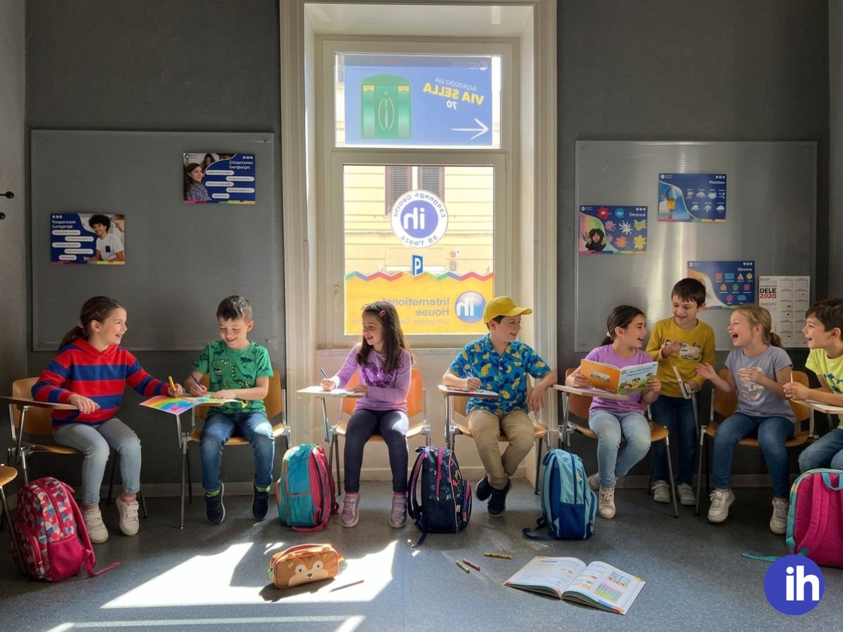 Bambini in attività di gruppo in classe che collaborano in inglese